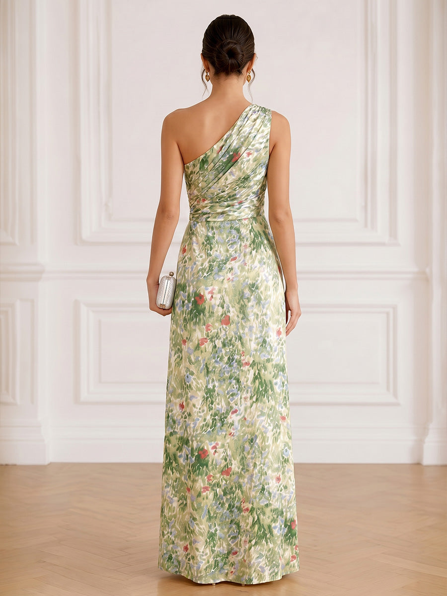 Sheath/Column Evening Dresses Formal Dresses Printed Satin Ruched One-Shoulder Floor-Length Sleeveless Ruffles Wedding Guest Dresses Summer Dresses