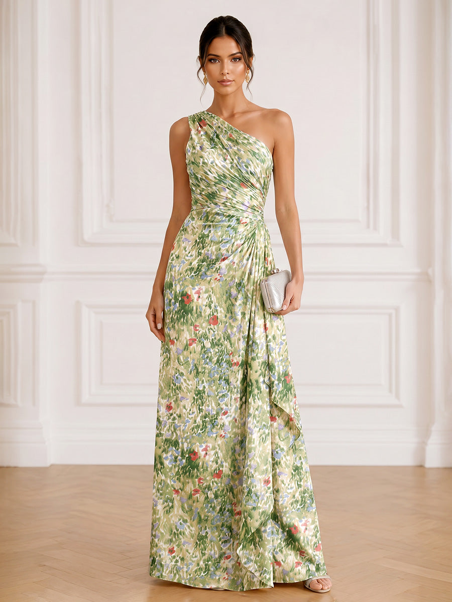 Sheath/Column Evening Dresses Formal Dresses Printed Satin Ruched One-Shoulder Floor-Length Sleeveless Ruffles Wedding Guest Dresses Summer Dresses