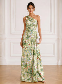 Sheath/Column Evening Dresses Formal Dresses Printed Satin Ruched One-Shoulder Floor-Length Sleeveless Ruffles Wedding Guest Dresses Summer Dresses