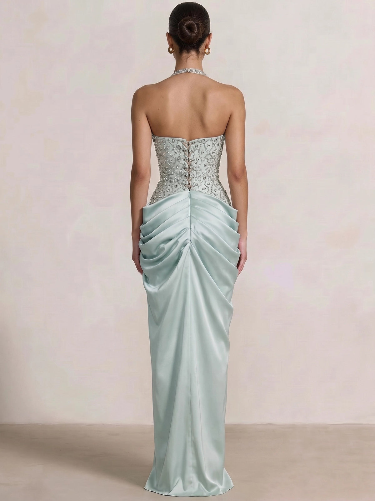 A-Line/Princess Evening Dresses Halter Neck Rhinestone Formal Dresses Floor-Length Side Split With Pleats&Back Lace-Up Prom