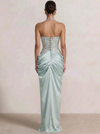 A-Line/Princess Evening Dresses Halter Neck Rhinestone Formal Dresses Floor-Length Side Split With Pleats&Back Lace-Up Prom