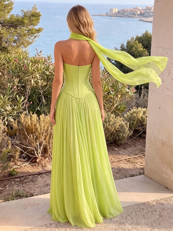 A-Line/Princess Evening Dresses Chiffon Pleated Strapless Sleeveless Floor-Length Ruched Boning Formal Dresses With Scarf