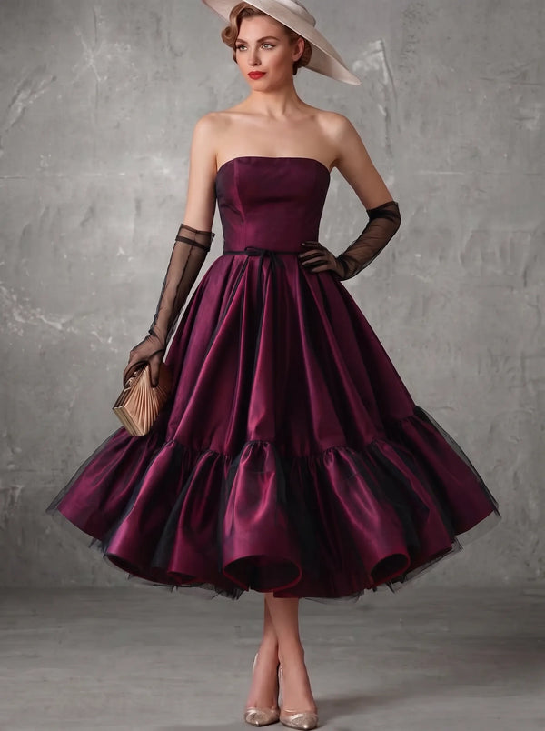 A Line Cocktail Dress Satin Vintage Dress Formal Wedding Blue Ball Gown Strapless Halloween Dress