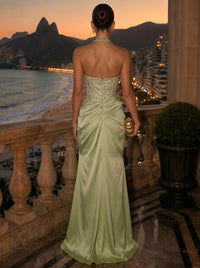 A-Line/Princess Evening Dresses Halter Neck Rhinestone Formal Dresses Floor-Length Ruched Prom Dress Back Lace-Up