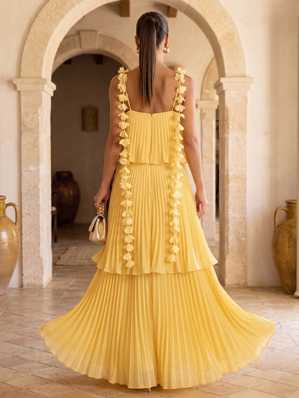 A-Line/Princess Evening Dresses Chiffon Spaghetti Straps Sleeveless Floor-Length Pleated Tiered Ruffles Formal Dresses With 3D Flowers