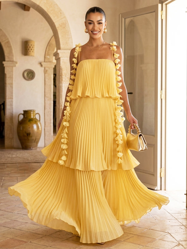 A-Line/Princess Evening Dresses Chiffon Spaghetti Straps Sleeveless Floor-Length Pleated Tiered Ruffles Formal Dresses With 3D Flowers