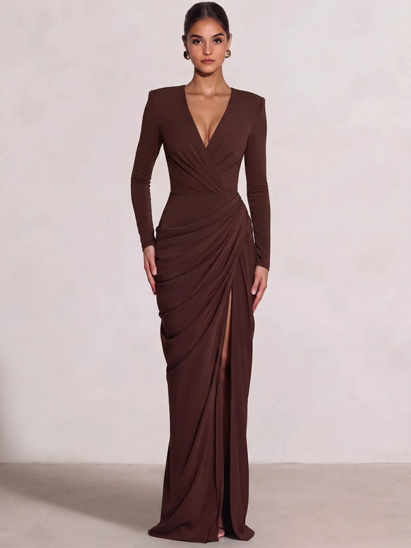 Sheath/Column Evening Dresses V Neck Long Sleeves Floor-Length Side Split With Drap Criss Cross Straps Lace-Up Formal Dresses