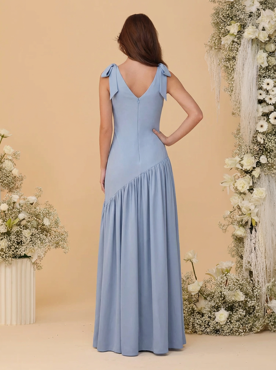 A-Line/Princess Chiffon Bridesmaid Dresses For Wedding V Neck Sleeveless Floor-Length With Bow