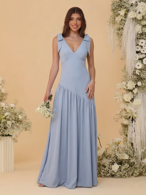 A-Line/Princess Chiffon Bridesmaid Dresses For Wedding V Neck Sleeveless Floor-Length With Bow