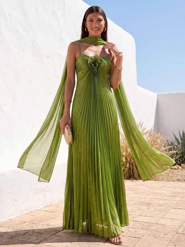 A-Line/Princess Evening Dresses Chiffon Spaghetti Straps Sleeveless Floor-Length Pleated 3D Flower Formal Dresses With Scarf