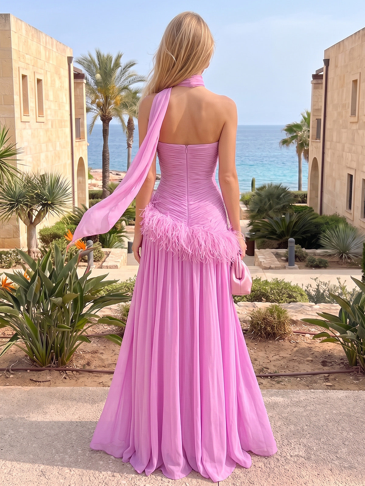 A-Line/Princess Evening Dresses Chiffon Pleated Strapless Sleeveless Floor-Length Ruched Feather Formal Dresses With Scarf
