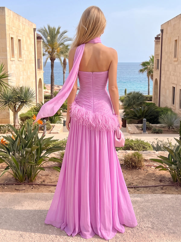 A-Line/Princess Evening Dresses Chiffon Pleated Strapless Sleeveless Floor-Length Ruched Feather Formal Dresses With Scarf