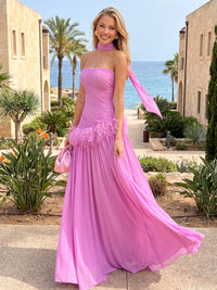 A-Line/Princess Evening Dresses Chiffon Pleated Strapless Sleeveless Floor-Length Ruched Feather Formal Dresses With Scarf