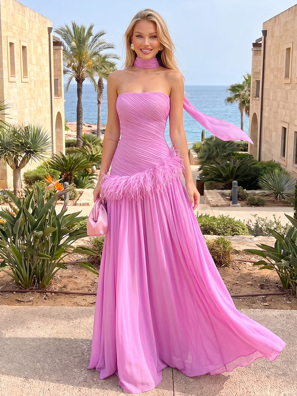 A-Line/Princess Evening Dresses Chiffon Pleated Strapless Sleeveless Floor-Length Ruched Feather Formal Dresses With Scarf