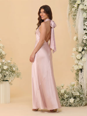 Sheath/Column Bridemaid Dresses Satin Backless Sleeveless Floor-Length Dresses With Bow