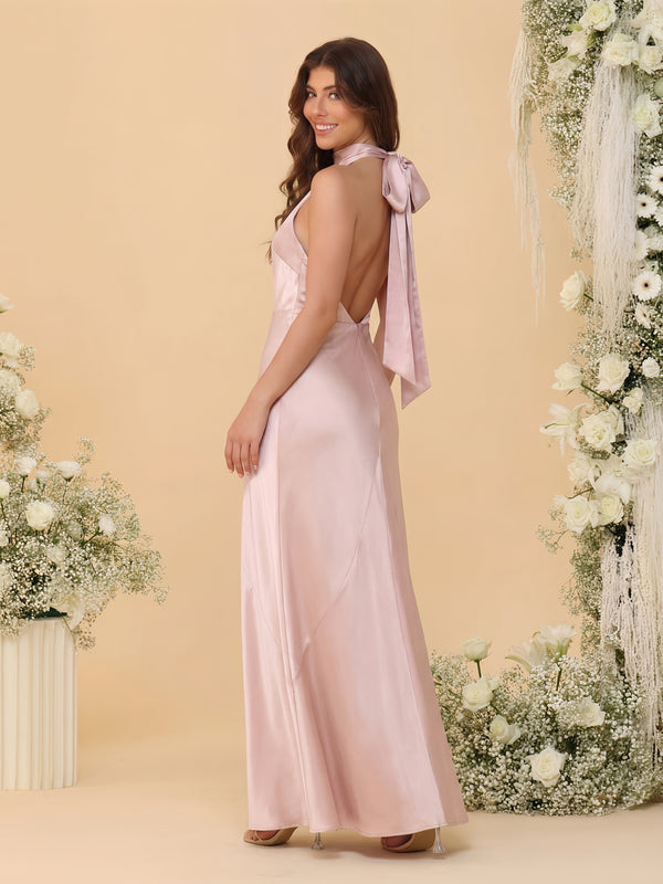 Sheath/Column Bridemaid Dresses Satin Backless Sleeveless Floor-Length Dresses With Bow