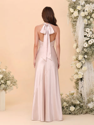 Sheath/Column Bridemaid Dresses Satin Backless Sleeveless Floor-Length Dresses With Bow