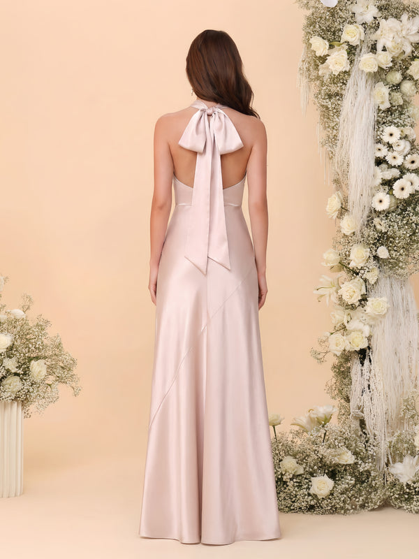 Sheath/Column Bridemaid Dresses Satin Backless Sleeveless Floor-Length Dresses With Bow