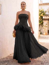 A-Line/Princess Evening Dresses Chiffon Pleated Strapless Sleeveless Floor-Length Ruched Feather Formal Dresses