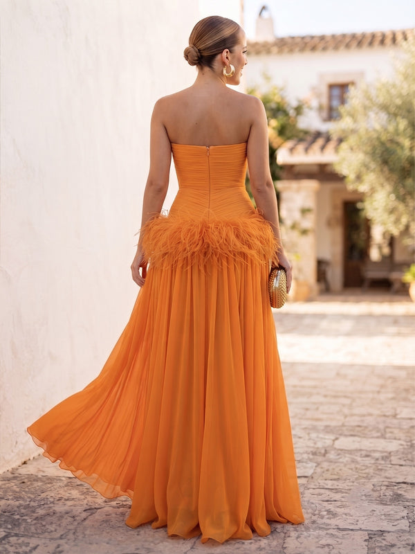 A-Line/Princess Evening Dresses Chiffon Pleated Strapless Sleeveless Floor-Length Ruched Feather Formal Dresses