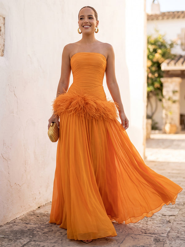 A-Line/Princess Evening Dresses Chiffon Pleated Strapless Sleeveless Floor-Length Ruched Feather Formal Dresses