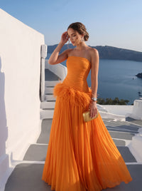 A-Line/Princess Evening Dresses Chiffon Pleated Strapless Sleeveless Floor-Length Ruched Feather Formal Dresses