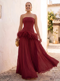 A-Line/Princess Evening Dresses Chiffon Pleated Strapless Sleeveless Floor-Length Ruched Feather Formal Dresses