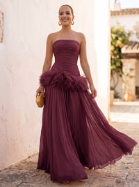 A-Line/Princess Evening Dresses Chiffon Pleated Strapless Sleeveless Floor-Length Ruched Feather Formal Dresses