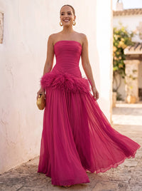 A-Line/Princess Evening Dresses Chiffon Pleated Strapless Sleeveless Floor-Length Ruched Feather Formal Dresses
