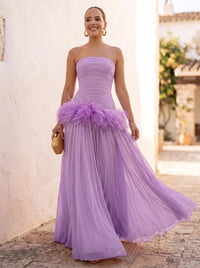 A-Line/Princess Evening Dresses Chiffon Pleated Strapless Sleeveless Floor-Length Ruched Feather Formal Dresses