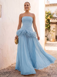 A-Line/Princess Evening Dresses Chiffon Pleated Strapless Sleeveless Floor-Length Ruched Feather Formal Dresses