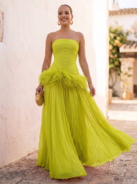 A-Line/Princess Evening Dresses Chiffon Pleated Strapless Sleeveless Floor-Length Ruched Feather Formal Dresses
