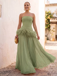 A-Line/Princess Evening Dresses Chiffon Pleated Strapless Sleeveless Floor-Length Ruched Feather Formal Dresses