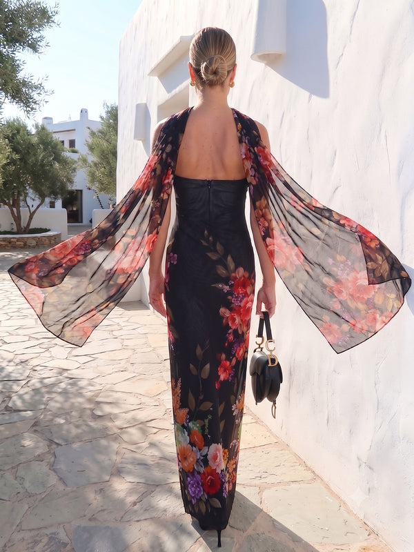 Sheath/Column Evening Dresses Floral Printed Chiffon Strapless Sleeveless Floor-Length Formal Dress With Scarf