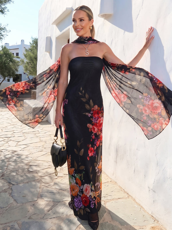Sheath/Column Evening Dresses Floral Printed Chiffon Strapless Sleeveless Floor-Length Formal Dress With Scarf