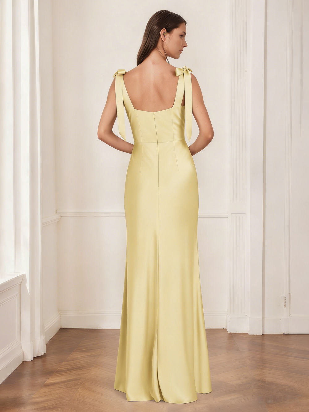 A-Line/Princess Satin Bridesmaid Dresses Wedding Dress Square Neck&Bow Sleeveless Floor-Length With Side Slit