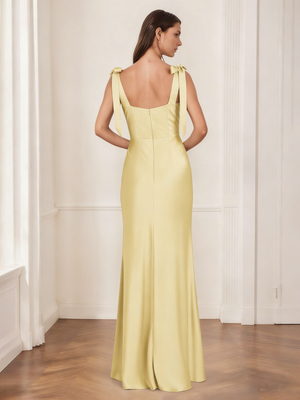 A-Line/Princess Satin Bridesmaid Dresses Wedding Dress Square Neck&Bow Sleeveless Floor-Length With Side Slit