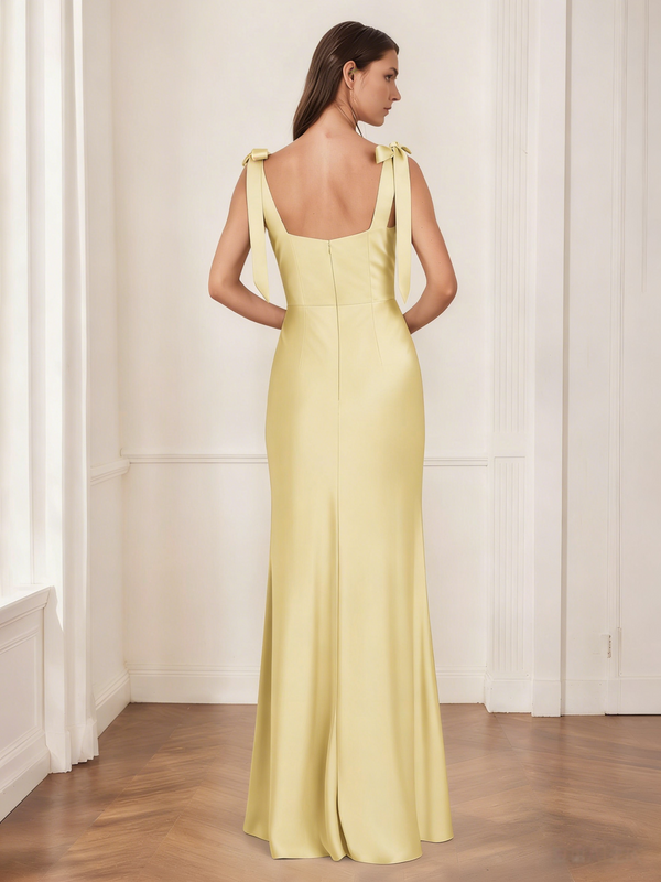 A-Line/Princess Satin Bridesmaid Dresses Wedding Dress Square Neck&Bow Sleeveless Floor-Length With Side Slit