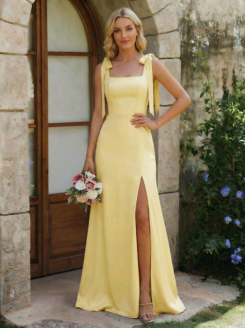 A-Line/Princess Satin Bridesmaid Dresses Wedding Dress Square Neck&Bow Sleeveless Floor-Length With Side Slit