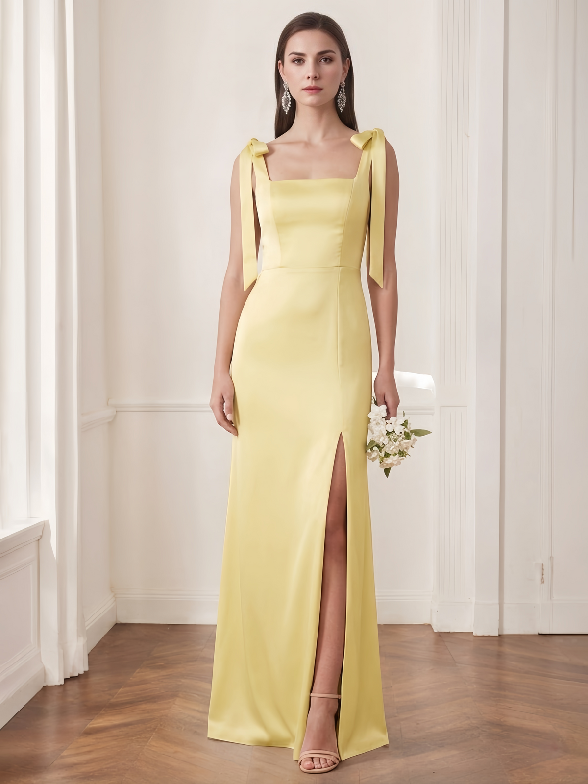 Nafori Yellow A-Line/Princess Satin Bridesmaid Dresses Wedding Dress Square Neck&Bow Sleeveless Floor-Length With Side Slit 2026