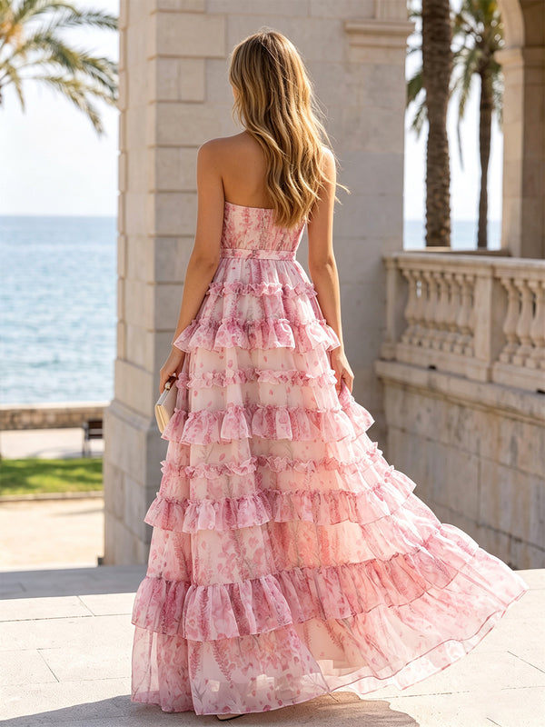 A-Line/Princess Evening Dresses Floral Printed Chiffon Strapless Sleeveless Floor-Length Tiered Ruffles Formal Dresses