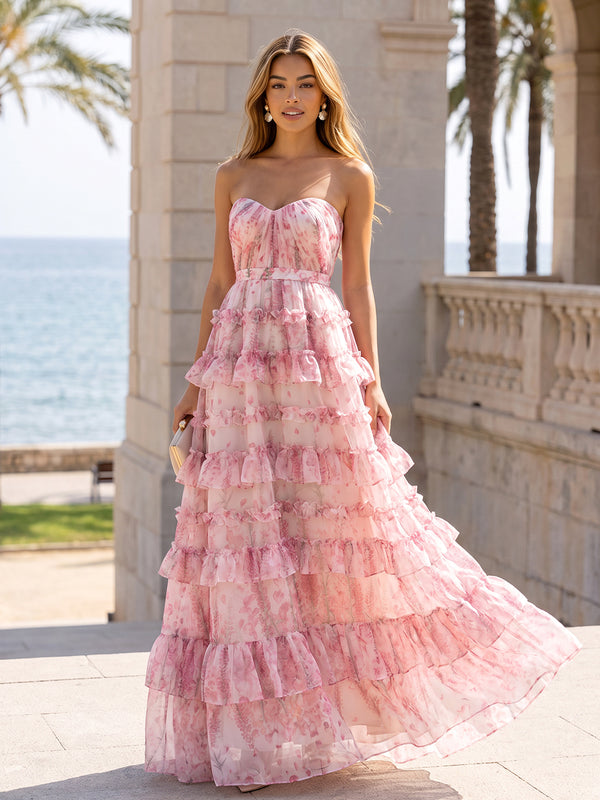 A-Line/Princess Evening Dresses Floral Printed Chiffon Strapless Sleeveless Floor-Length Tiered Ruffles Formal Dresses