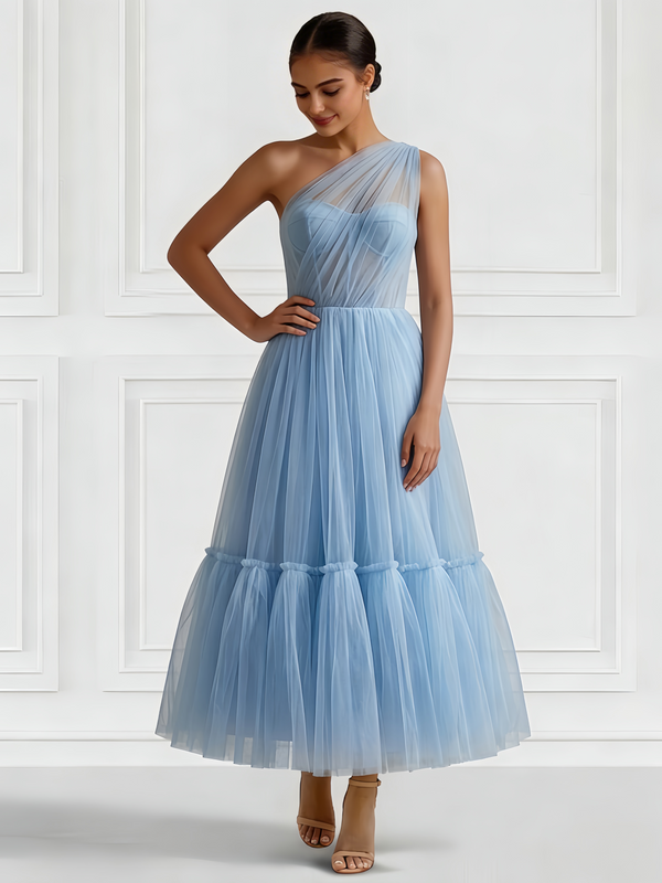 A-Line/Princess Cocktail Dresses One Shoulder Sleeveless Tulle Formal Ankle Length Dresses