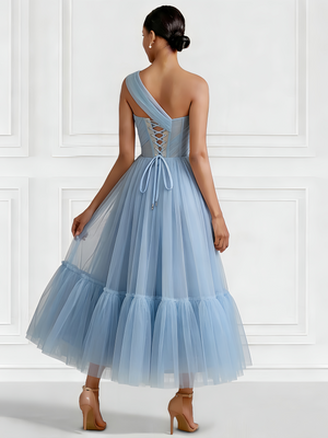 A-Line/Princess Cocktail Dresses One Shoulder Sleeveless Tulle Formal Ankle Length Dresses