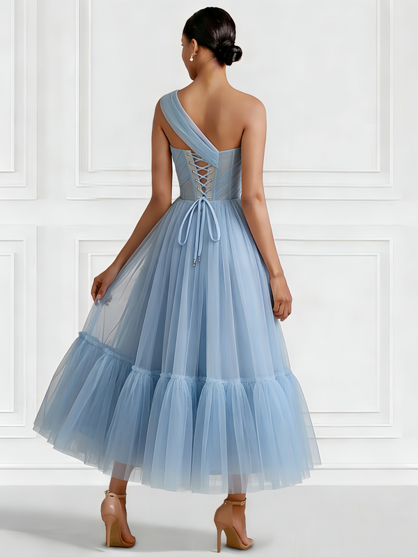 A-Line/Princess Cocktail Dresses One Shoulder Sleeveless Tulle Formal Ankle Length Dresses