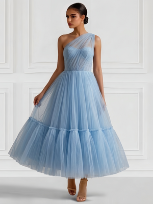 A-Line/Princess Cocktail Dresses One Shoulder Sleeveless Tulle Formal Ankle Length Dresses