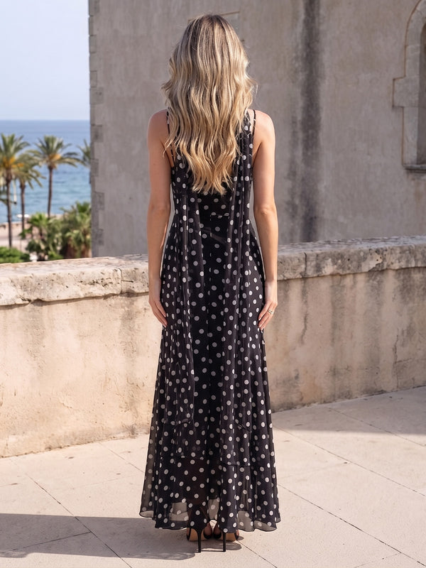 Sheath/Column Evening Dresses Chiffon Polka Dots Spaghetti Straps Sleeveless Floor-Length Side Knot Formal Dresses With Scarf