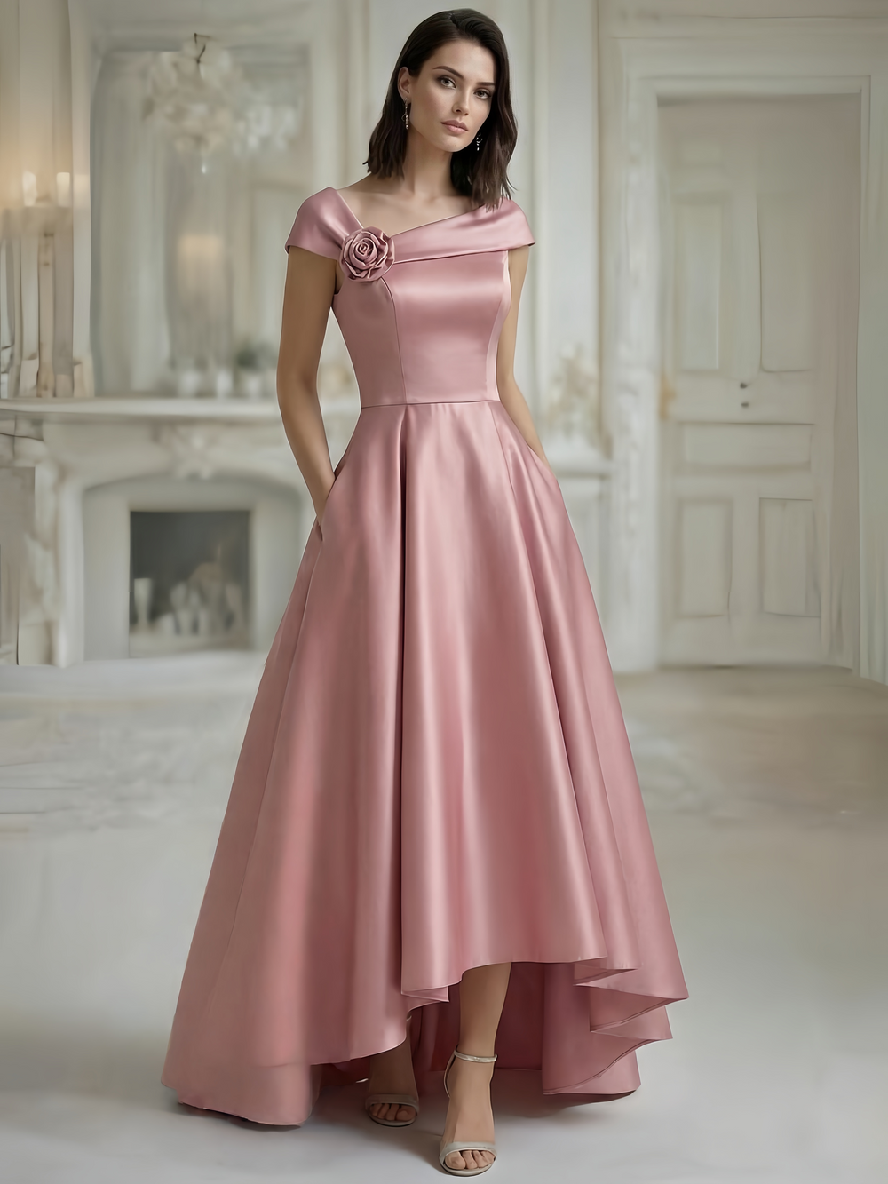 A-Line/Princess Elegant Evening Dresses Asymmetrical Pocket Satin One Shoulder Floor-Length With Pocket