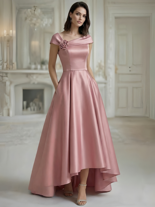 A-Line/Princess Elegant Evening Dresses Asymmetrical Pocket Satin One Shoulder Floor-Length With Pocket