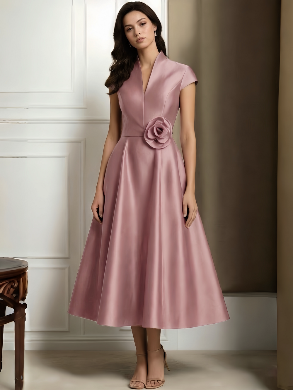 A-Line/Princess Cocktail Dresses Formal V Neck Short Sleeves Corset Tea Length with Flower